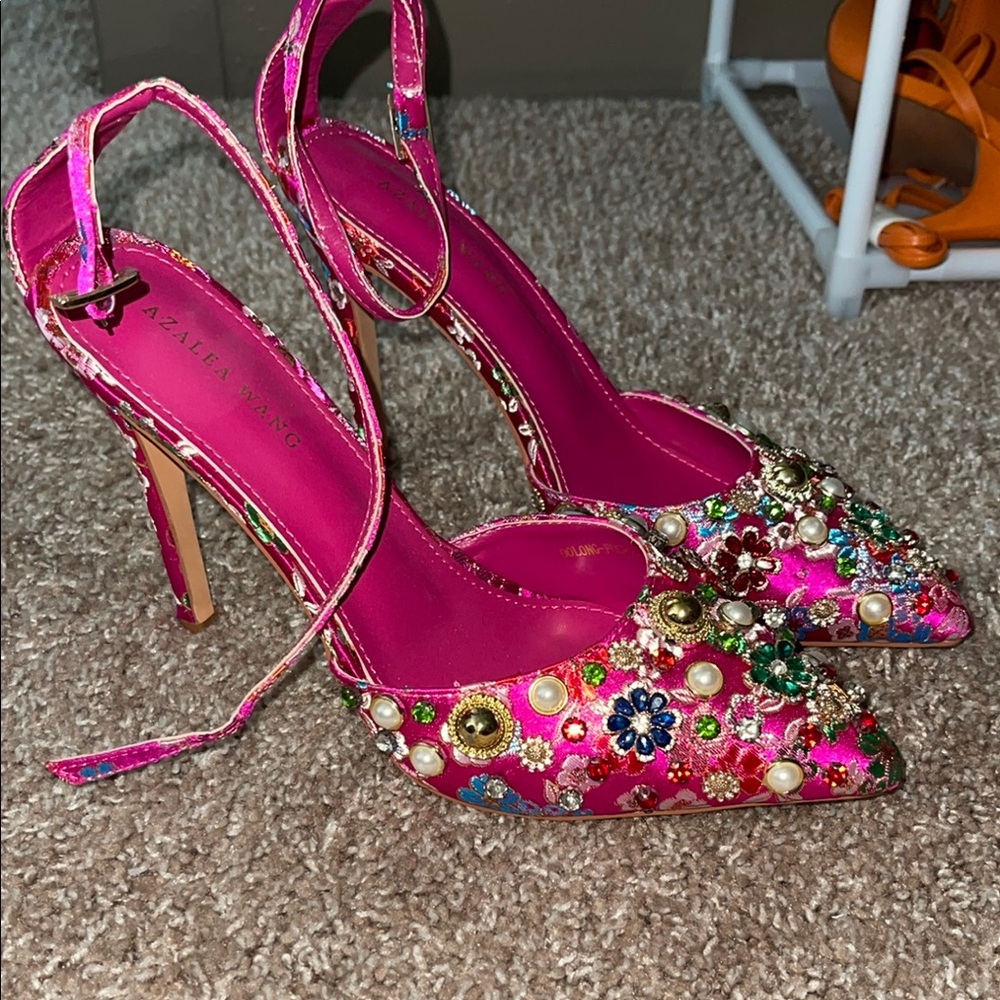 Azalea Wang Pink Embellished Pointed-Toe Heels